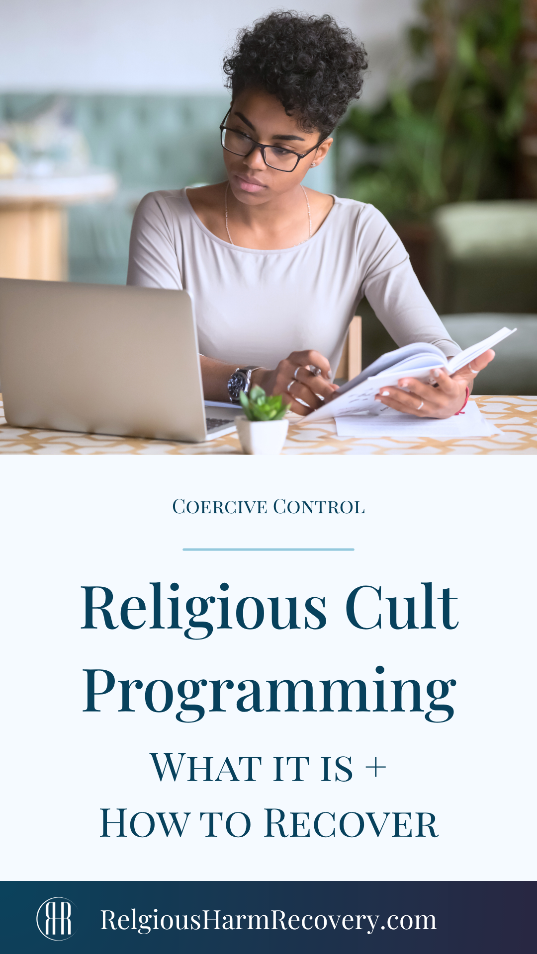 a woman sitting at a table with a laptop and a book researching religious cult programming