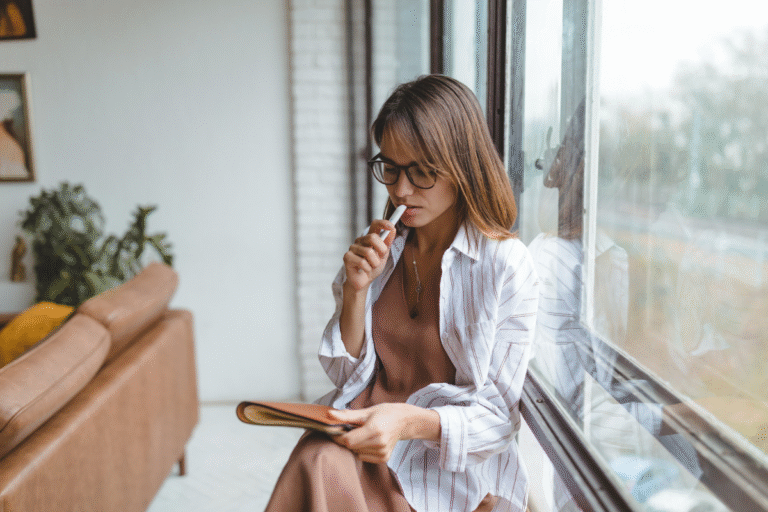 Woman sitting and contemplating her experience with anger and religious indoctrination