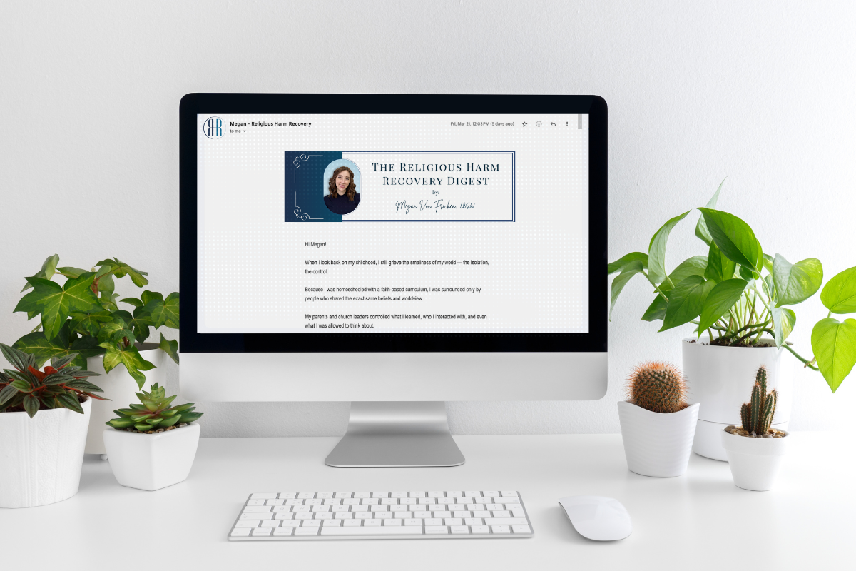 An imac monitor displaying the latest edition of the Religious Harm Recovery Digest